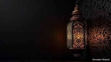 Ornate lantern, glowing warmly against a dark backdrop. Intricate details on the metal structure photo