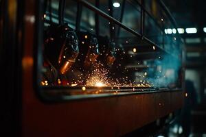 Industrial Welding in Progress. Workers welding metal parts in a factory setting, sparks and smoke fill the air photo