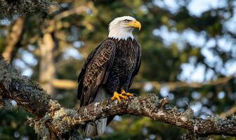Majestic bald eagle perched on a tree branch. Details of the bird's plumage, sharp focus, and natural habitat are evident. A magnificent sight of the eagle in its natural environment photo