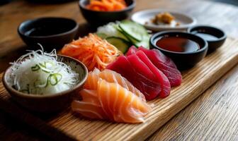 Fresh sashimi selection with assorted toppings and sauces photo
