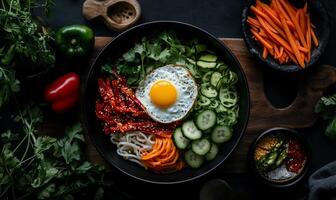 Vibrant bowl of bibimbap with fried egg, vegetables, and noodles photo