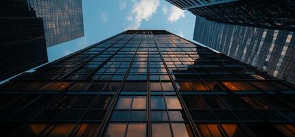 A view up at a tall building with windows photo
