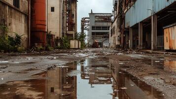 Abandoned industrial alleyway, littered with debris photo
