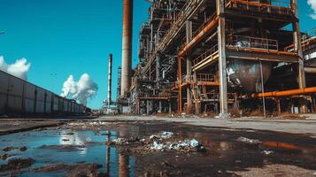 Industrial complex pollution. A large industrial complex with a polluted area in front, showing signs of neglect and environmental damage photo