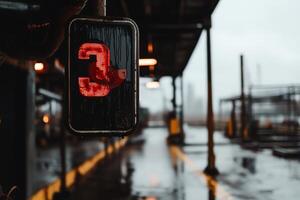 Industrial number sign in a wet, overcast factory environment photo