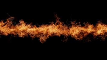 Fiery horizontal flame line against black background. A continuous, dynamic stream of orange and yellow flames. Intense heat and energy photo