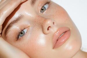 A woman with freckled skin and freckles on her face photo