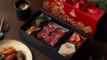 A table with a plate of food and a red box photo