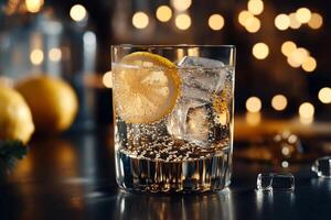 Refreshing cocktail with lemon slice and ice. A glass of bubbly drink with ice cubes and a lemon slice sits on a dark surface. Soft, warm lighting and blurred background create a festive mood photo