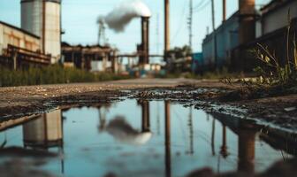 Industrial landscape reflected in a puddle. Factory buildings and smoke stacks mirrored in a water puddle. Damaged pavement and greenery around the puddle photo