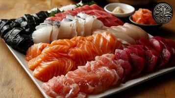 Exquisite array of fresh sashimi. Assortment of sliced fish, including salmon, tuna, and white fish, presented on a platter. Garnished with seaweed photo