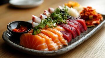 Colorful array of fresh sashimi, showcasing various fish cuts, including salmon and tuna, garnished with sesame seeds and spring onions, served on a dark platter photo