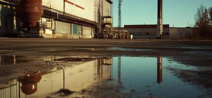 Abandoned factory reflected in a puddle photo