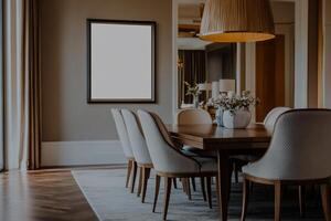 Modern dining room interior. Spacious, elegant space with a large wooden table, cream-colored chairs, and a neutral color palette. Empty frame highlights the room's refined style photo