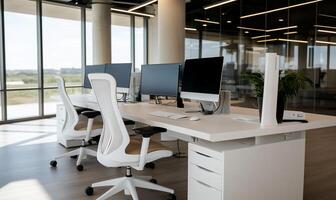 White office desk with two computer monitors and chairs photo
