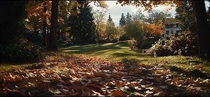 Autumnal park scene with fallen leaves photo