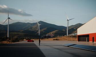 A man standing in front of a wind turbine photo