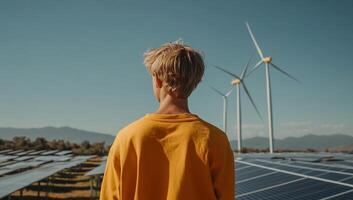A man standing in front of wind turbines photo