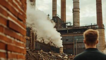A man standing in front of a factory with smoke coming out of the chimney photo
