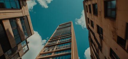 A tall building is seen from below photo