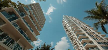 Two tall buildings with palm trees in front of them photo