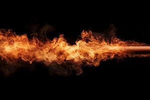 Fiery stream of flame erupting. A powerful, orange-red flame bursts forth from a hidden pipe, filling the space with smoke and heat photo