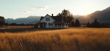 A house in the middle of a field with mountains in the background photo