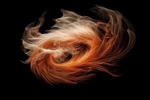 Abstract swirling, flame-like design in warm colors against a black background. Detailed, textured, and ethereal photo