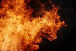 Fiery flames erupting against a dark background. Detailed close-up view of intense fire patterns photo