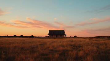 Small house on a golden field at sunset. A rustic cabin stands alone in a vast field of dried grasses, bathed in the warm hues of a beautiful sunset. Soft clouds paint the sky in vibrant colors photo