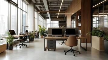 Modern, spacious office space with natural light. Desks, computers, and plants are strategically placed throughout, creating a comfortable and productive environment. Large windows offer city views photo