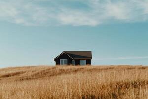 Small dark house on a golden hilltop. A solitary, dark-colored home sits atop a field of tall, golden grass under a partly cloudy sky photo