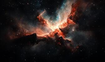 Cosmic nebula, vibrant colors, stellar nursery. Vast expanse of space, swirling gas and dust clouds, celestial landscape. Intricate patterns, vibrant hues of orange, teal, and pink in deep space photo