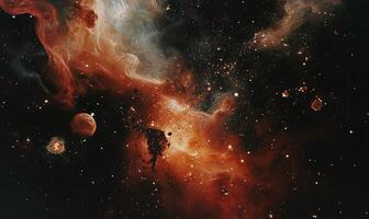 Cosmic nebula, swirling hues of orange and grey, speckled with distant stars photo