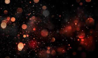 Abstract bokeh lights in warm reddish tones. A dark background is filled with blurred, glowing circles and sparkling dust particles photo