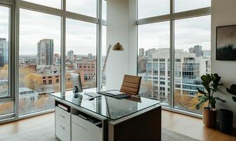Modern urban office with panoramic city views. Spacious, minimalist workspace with glass desk, comfortable chair, and large windows photo