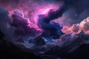 Cosmic mountain landscape. Vast, swirling clouds of vibrant pink and purple nebulae engulfing a mountainous terrain. Stars twinkle amidst the ethereal clouds photo