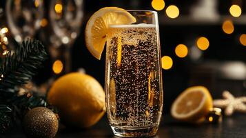 Festive Sparkling Beverage with Lemon Garnish photo