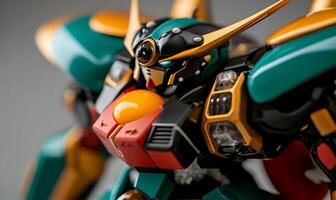 Detailed close-up of a mecha model. Highly-detailed, colorful, and intricate design with metallic accents. The model showcases a dynamic pose photo