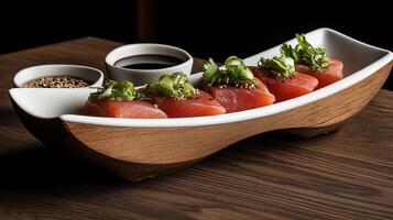 Fresh tuna sashimi served on a wooden platter with soy sauce and sesame seeds. Garnished with green onions and cilantro photo
