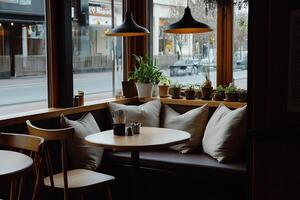 Cozy cafe corner with city view photo