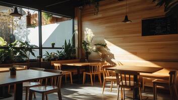 A restaurant with wooden tables and chairs photo