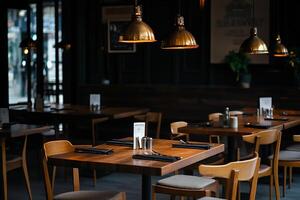 Empty restaurant interior with dark wood tables and chairs. Warm lighting and modern design photo
