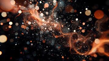 Abstract digital artwork of cosmic particles. A swirling display of fiery particles and glittering dust in a dark space photo