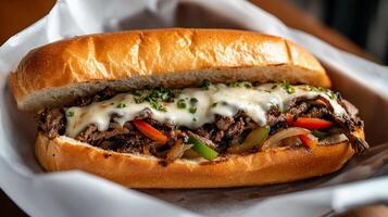 Grilled steak sandwich with melted cheese and peppers photo