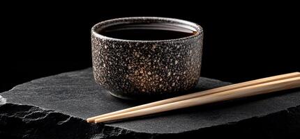 Dark Soy Sauce in a Decorated Bowl with Chopsticks photo