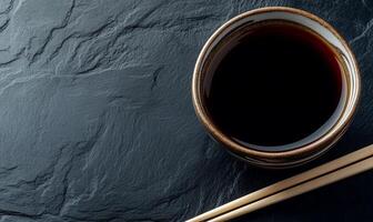 Dark soy sauce in a small bowl on a dark slate surface with chopsticks photo