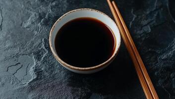 Soy Sauce in small bowl with chopsticks on dark stone surface photo