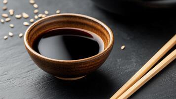 Dark brown bowl of soy sauce on dark stone surface with chopsticks and sesame seeds photo