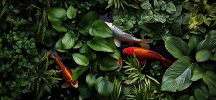 Lush pond scene with colorful fish photo